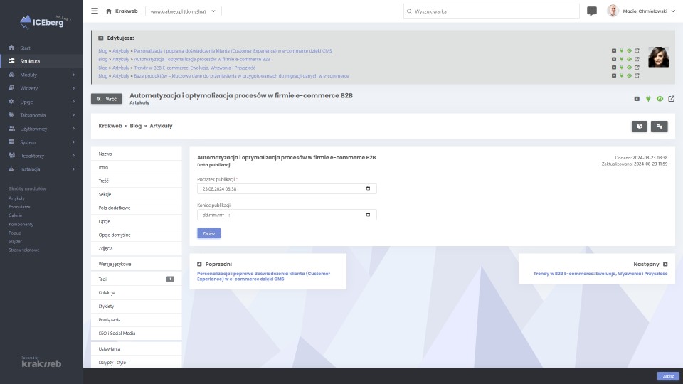 ICEberg CMS 5 pozwala na planowanie przyszłych dat publikacji. System automatycznie opublikuje artykuł lub inną podstronę we wskazany dzień o określonej godzinie.