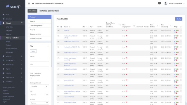 Lista produktów w module katalog produktów ICEberg CMS 5
