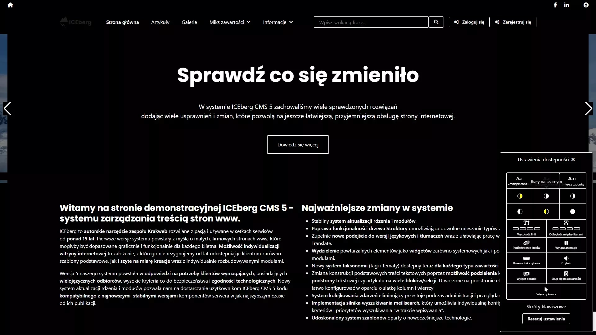 Biały tekst na czarnym tle - WCAG w ICEberg CMS 5