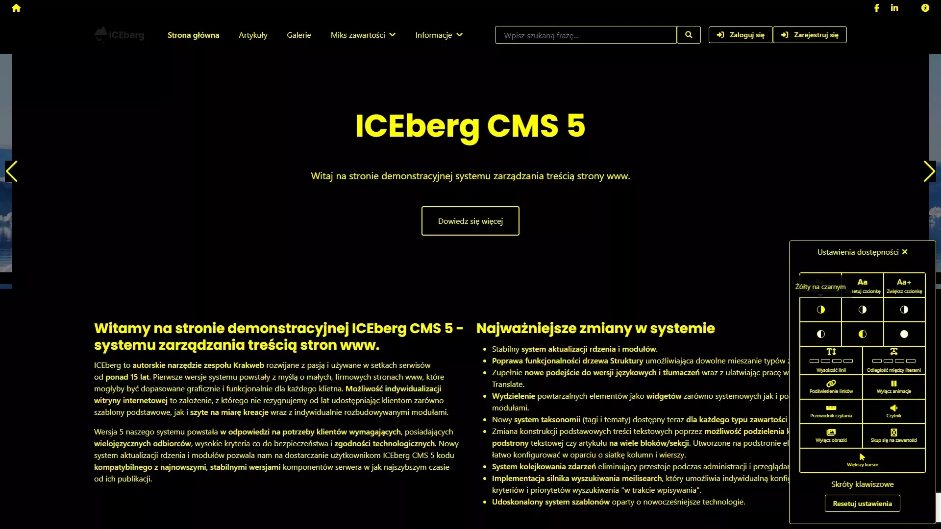 Żółty tekst na czarnym tle - WCAG w ICEberg CMS 5