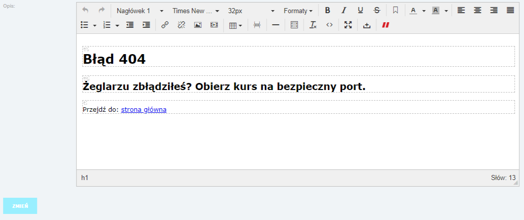 ICEberg CMS - edycja komunikatu błędu 404