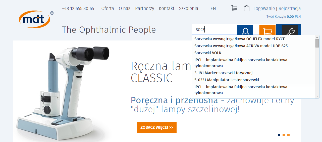 Wyszukiwarka produktów dla firmy produkującej i dystrybuującej sprzęt okulistyczny MDT http://www.mdt.pl/