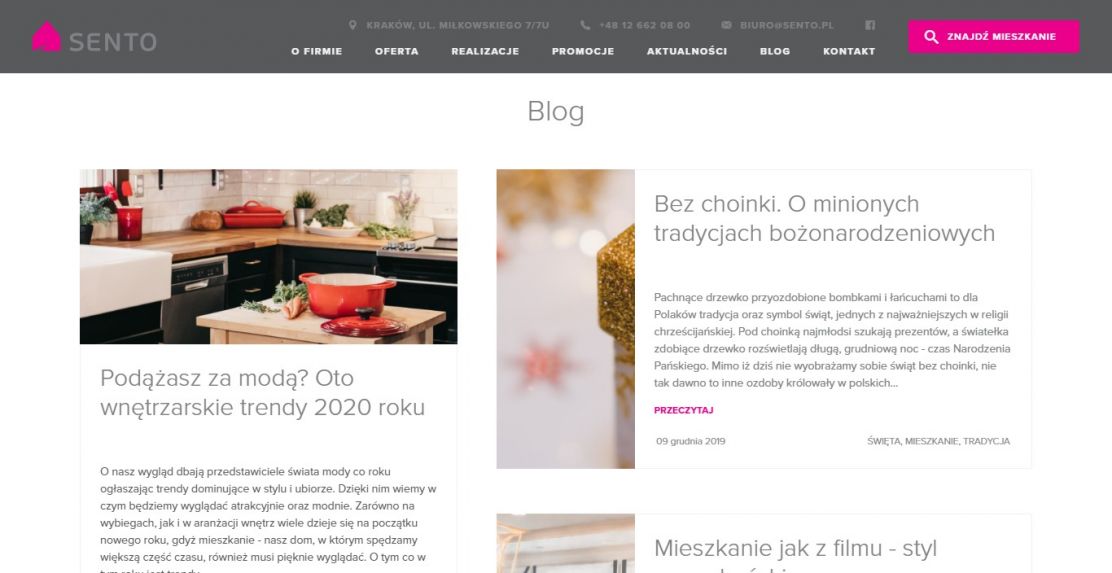 Lista artykułów - blog Sento - strona www dewelopera