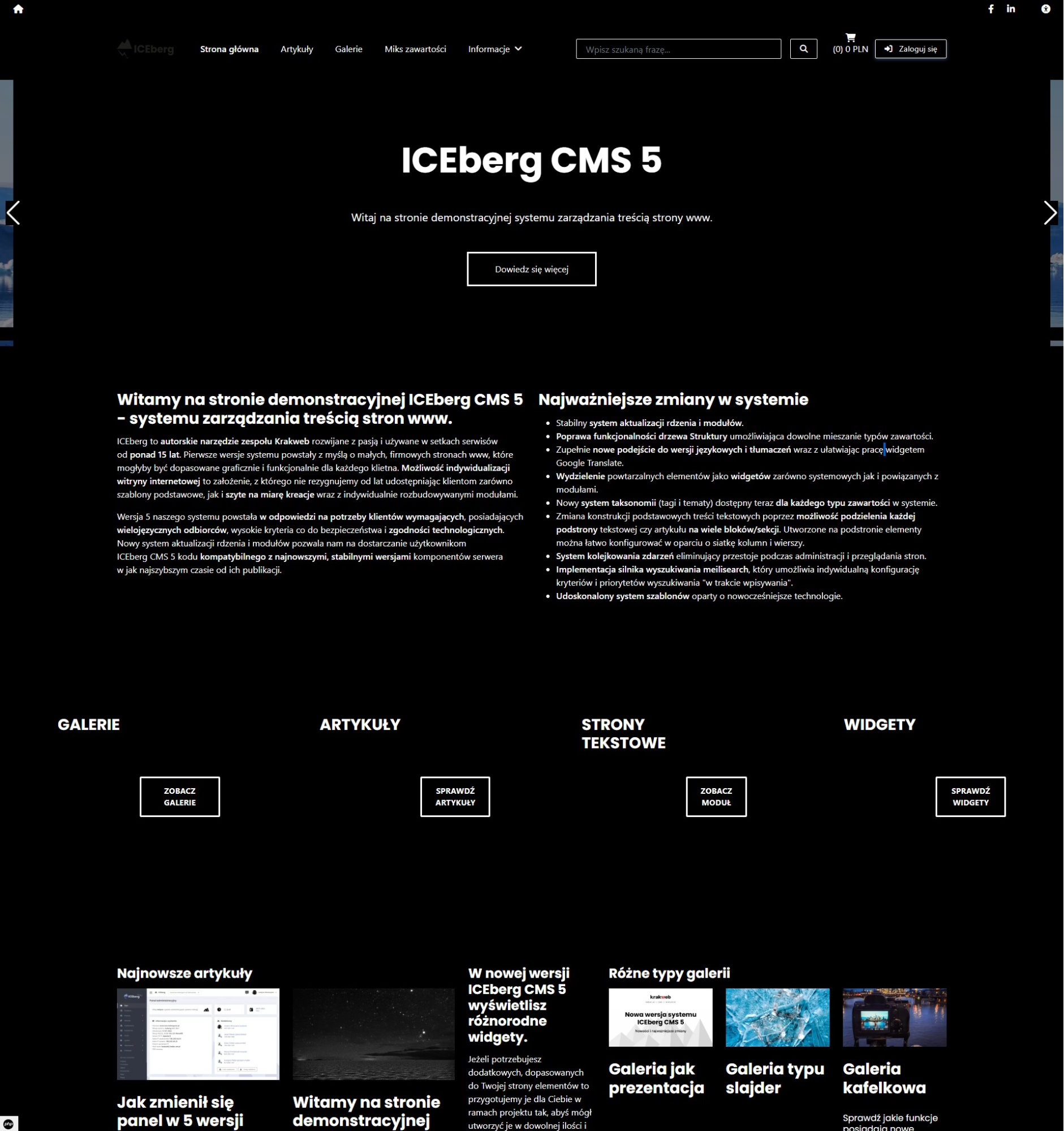 szablon główny systemu CMS ICEberg CMS 5 po włączeniu trybu ciemnego w widgecie WCAG