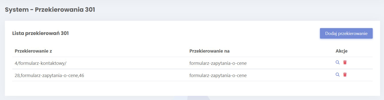 zakładka przekierowania 301 - zrzut ekranu z ICEberg CMS 5