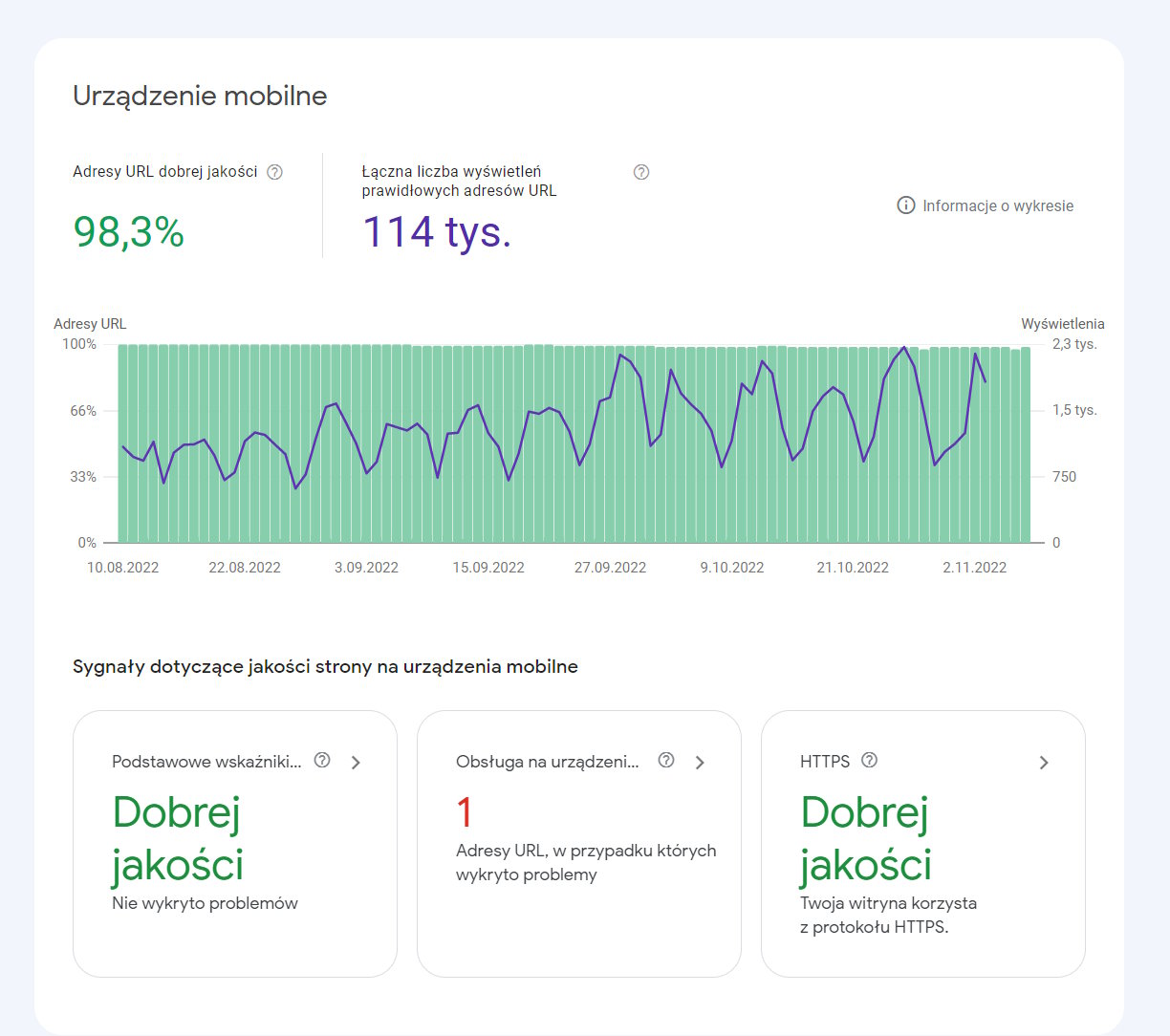 zrzut ekranu z Google Search Console dla jednego z serwisów opartych o ICEberg CMS 4, zaktualizowanego w 2021 roku. 