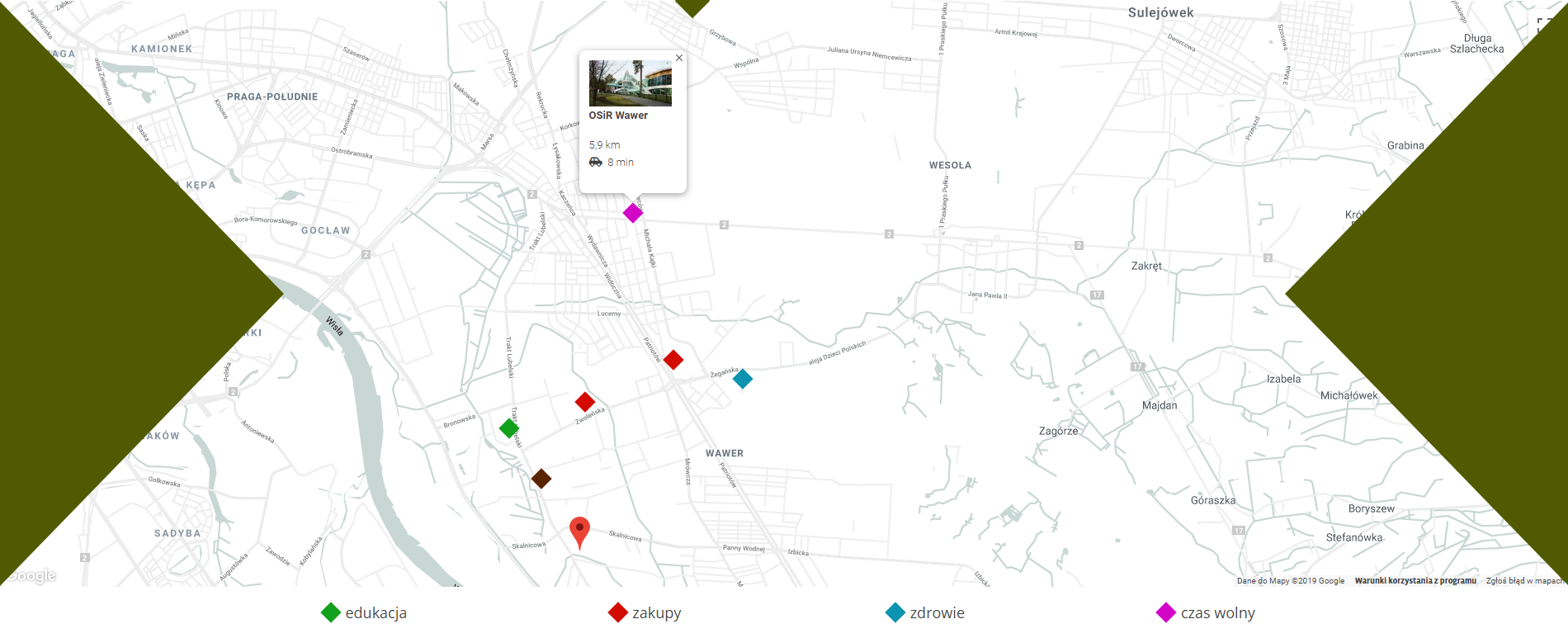 interaktywna mapa z ikonami ze strony wojtyszki/ostoja wawer (realizacja Krakweb)
