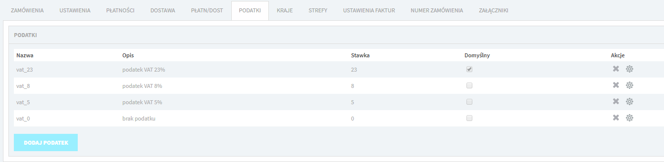 opcja podatki w module Zamówienia w systemie ICEberg CMS na podstawie maszynydodrewna.pl (realizacja Krakweb)