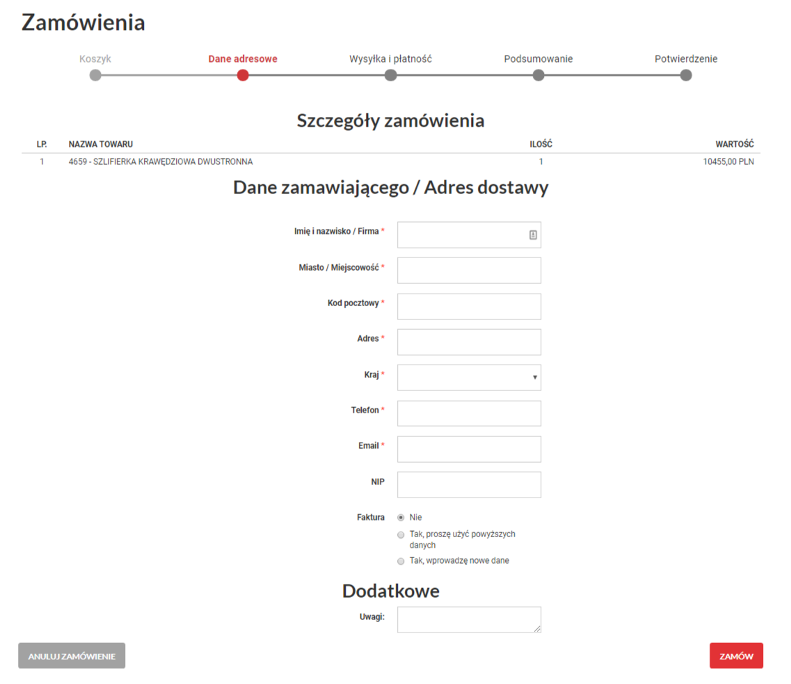 szczegóły zamówienia z serwisu maszynydodrewna.pl (realizacja Krakweb)