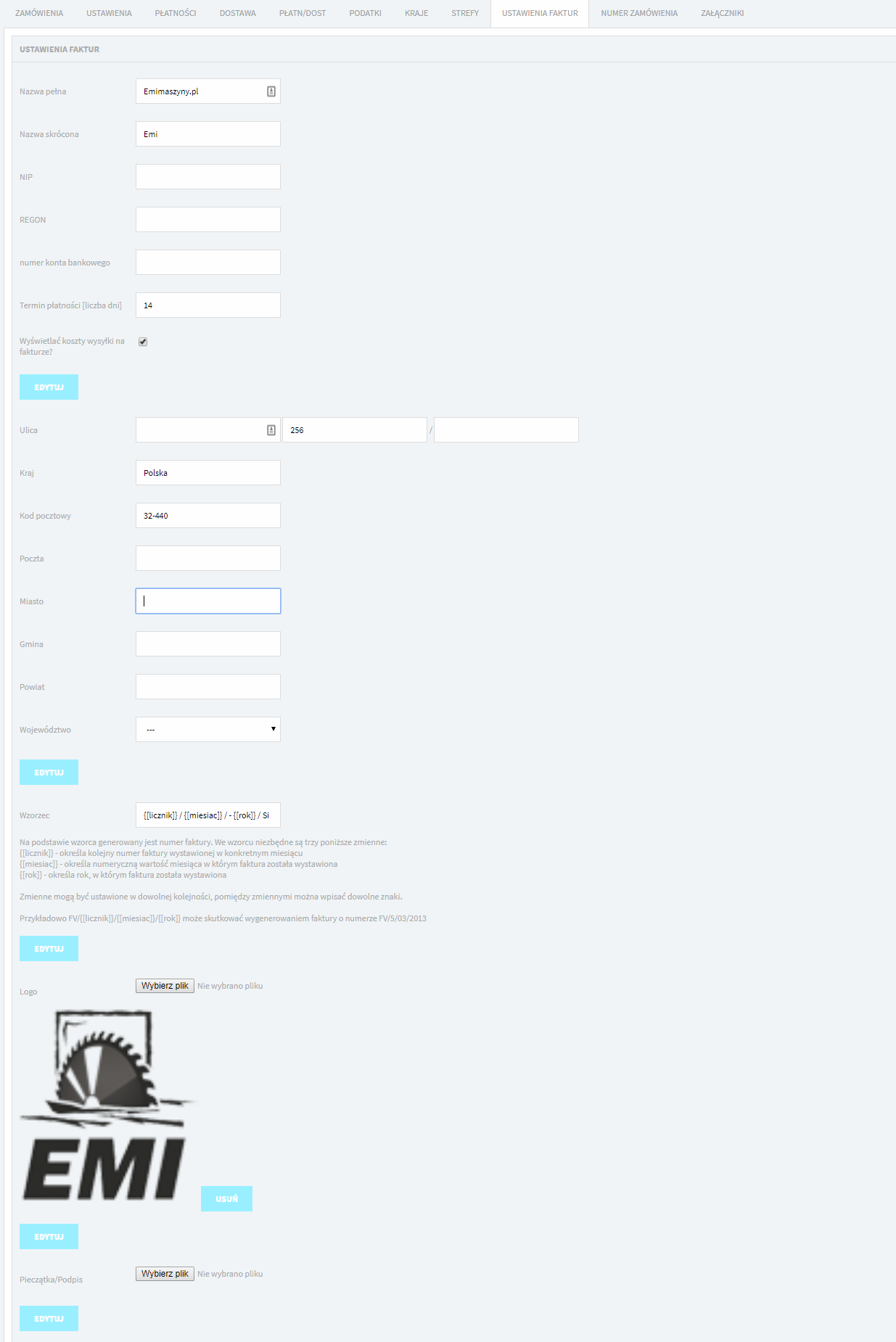ustawienia faktur w module Zamówienia w systemie ICEberg CMS na podstawie serwisu maszynydodrewna.pl (realizacaj Krakweb)
