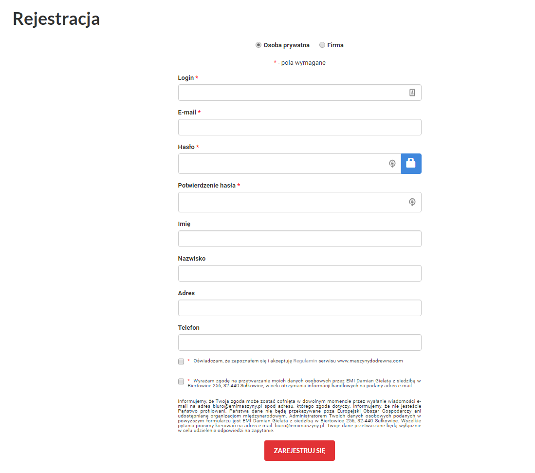 rejestracja z serwisu maszynydodrewna.pl (realizacja Krakweb)