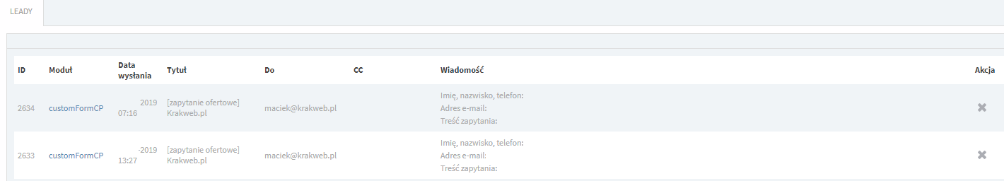 leady z formularzy - iceberg cms