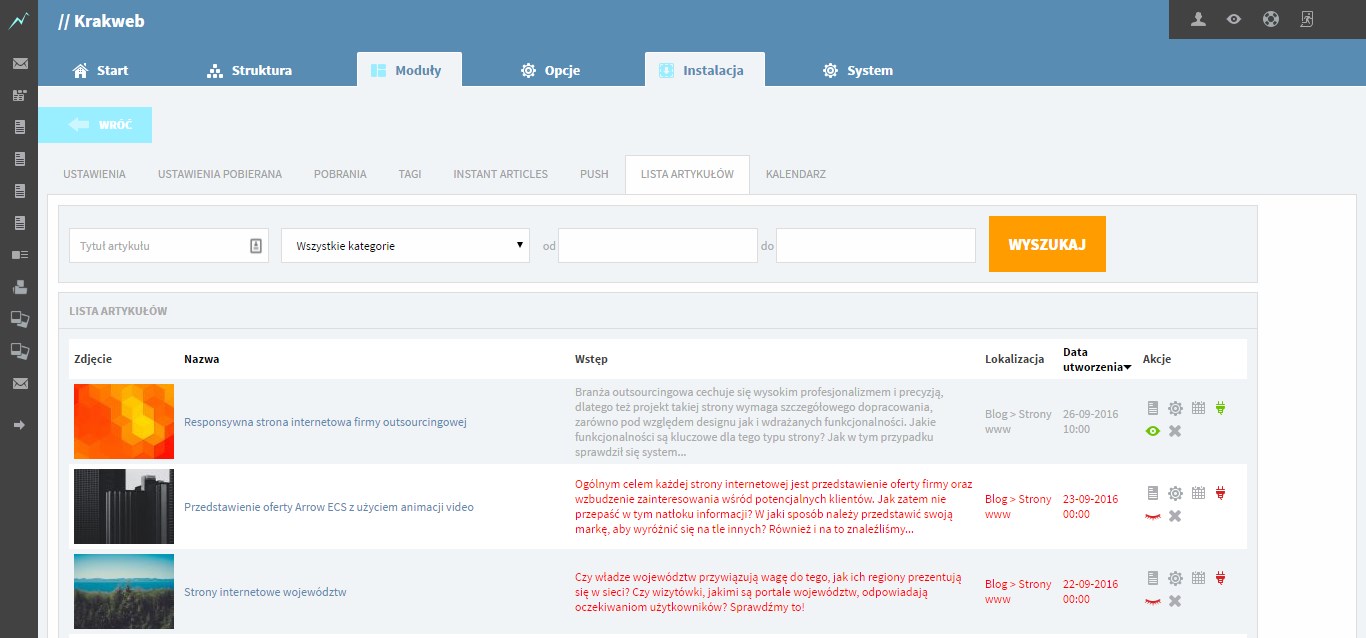 iceberg cms artykuły - lista