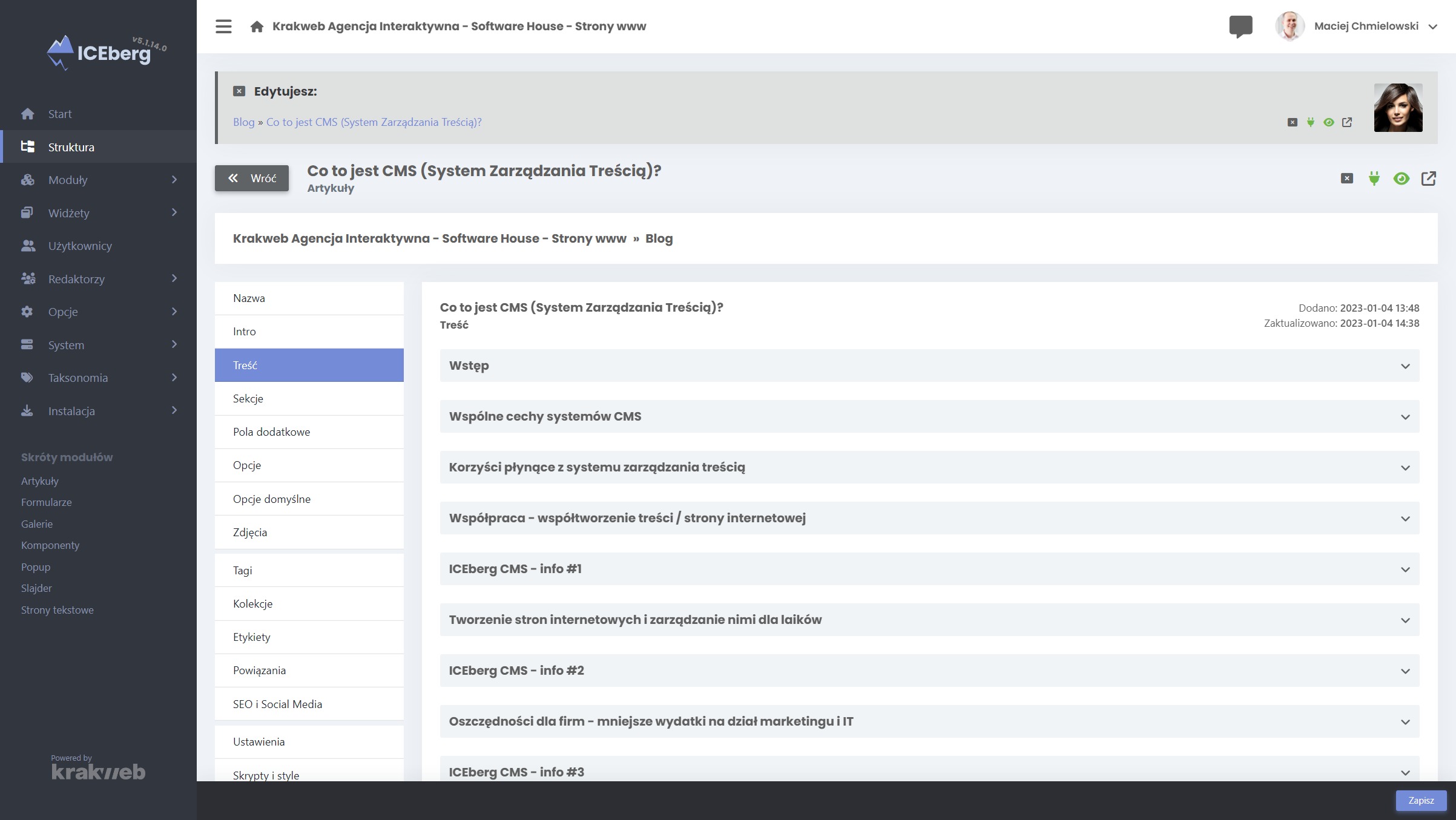 Edycja artykułu -ICEberg CMS  5