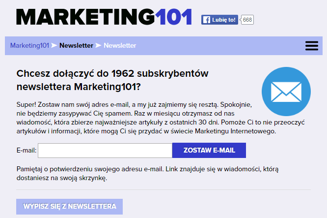 zapis na newsletter na Marketing101