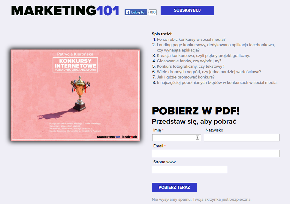 przykład podstrony z downloaderem Marketing101