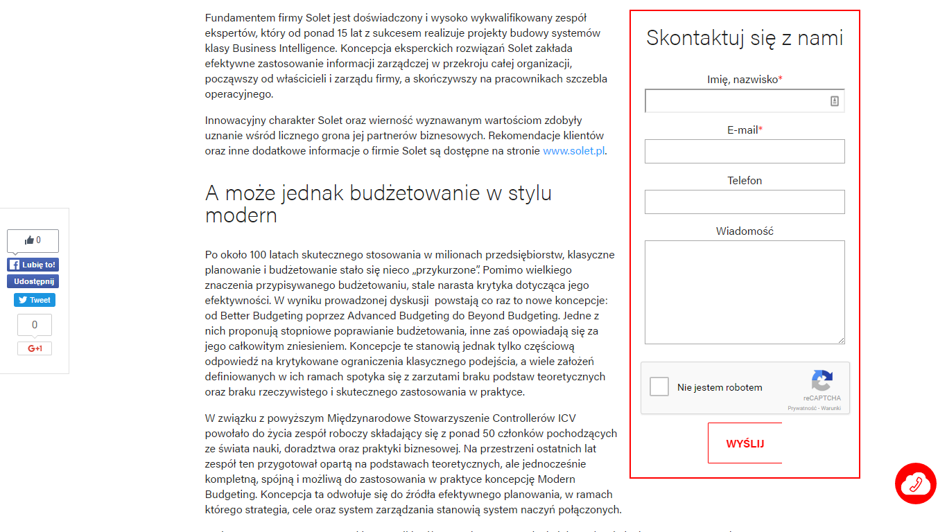 Fragment artykułu w serwisie Arrow Oracle Cloud z widgetem formularza