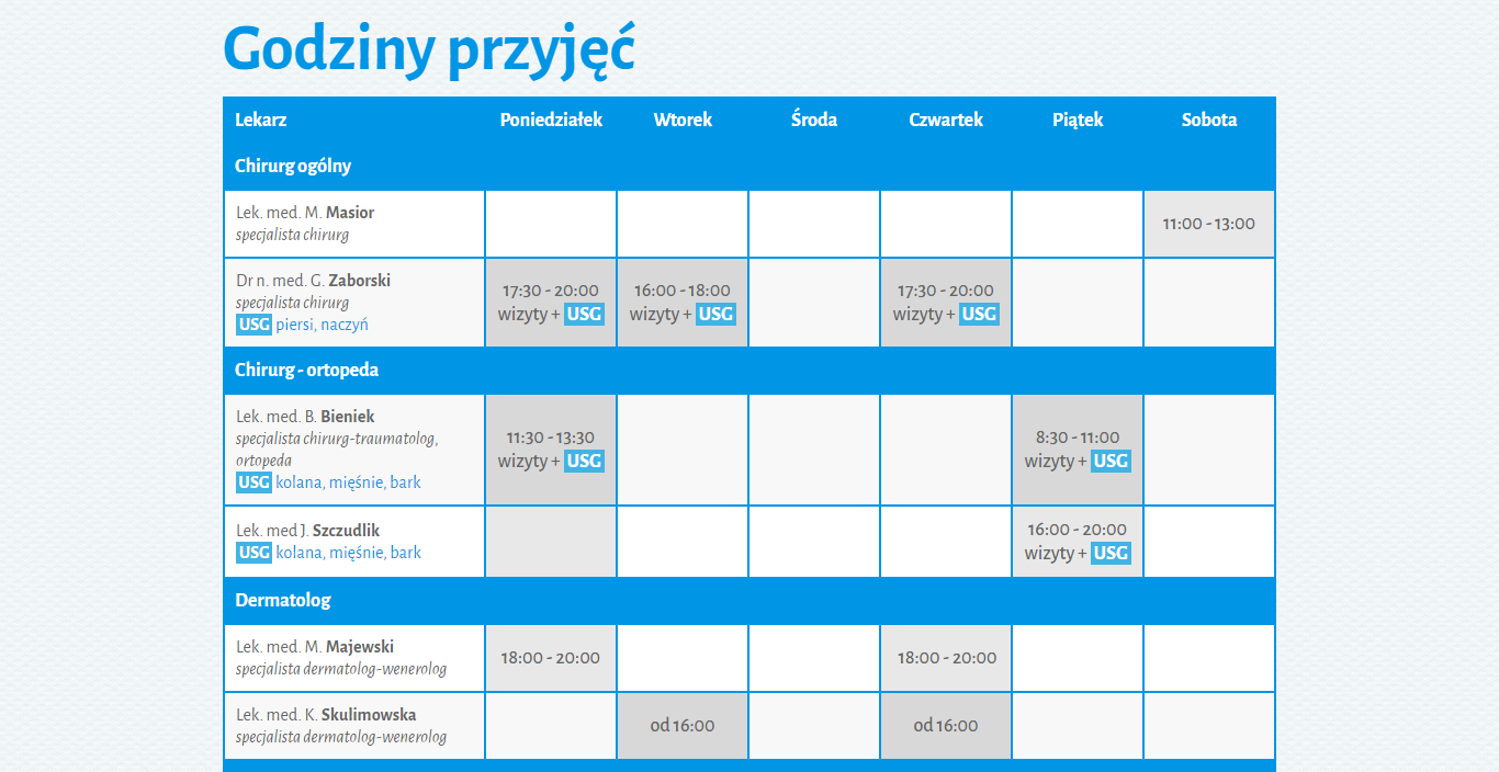 Tabela z godzinami przyjęć lekarzy na stronie Podgórskiej Przychodni Lekarskiej