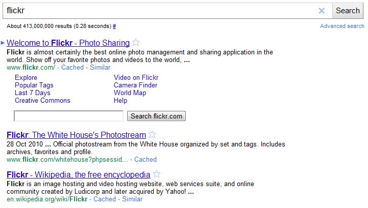 Wyniki wyszukiwania Google.com dla frazy flickr.