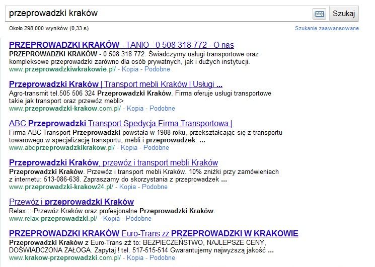 Wyniki wyszukiwania Google.com dla frazy przeprowadzki Kraków